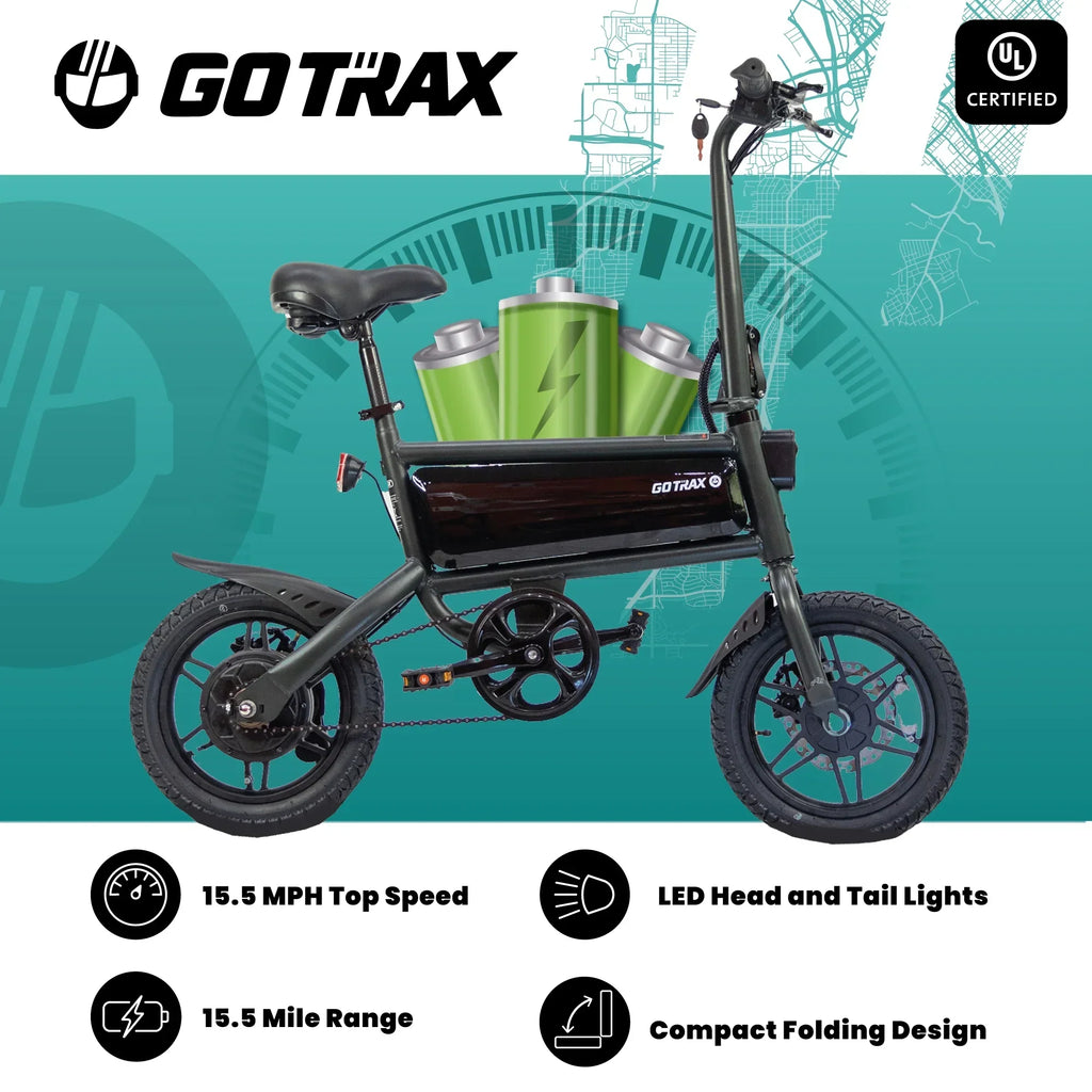 GOTRAX Folding Electric Bike For Adults And Teens, 14 inch, 250W, 15.5 mph, 15 Miles, Black - S2