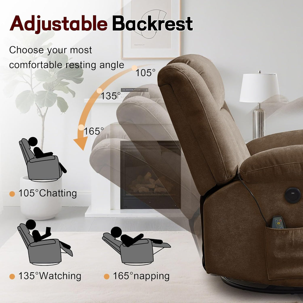 Korser Swivel Rocker Recliner Chair With Massage, Heating, USB Charging And Storage
