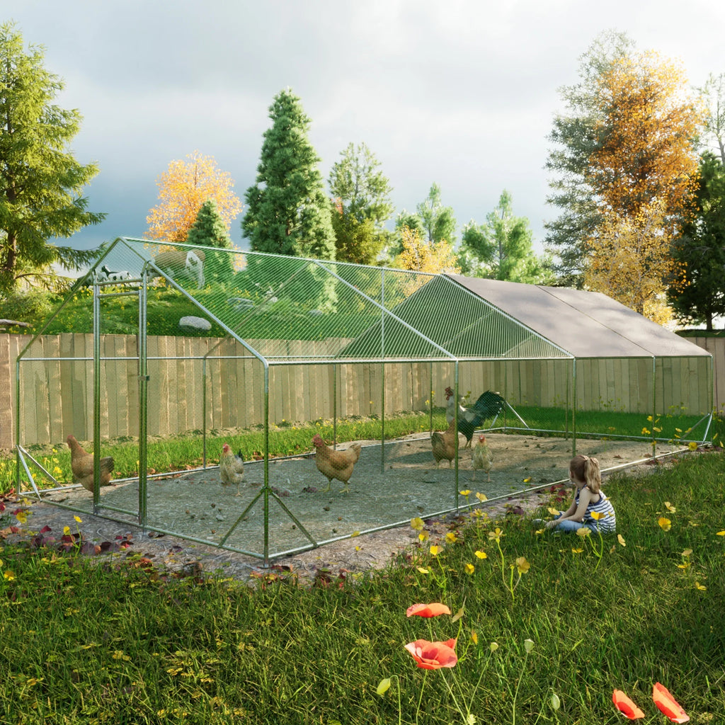 Large Metal Walk-In Chicken Coop With Galvanized Wire And Cover - 10' L x 26' W x 6.56' H