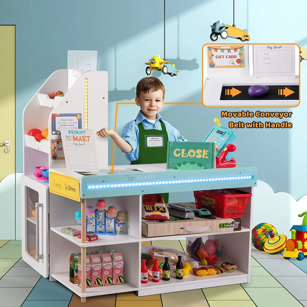 BRINJOY Kids Grocery Store Pretend Play Set With LED Lights And Acrylic Sheet, 35.6 x 24.4 x 43.3 in