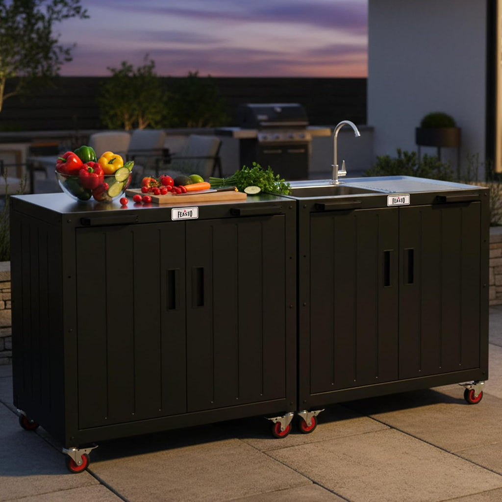 Outdoor Grill Cart With Storage Cabinet And Stainless Steel Top, 35-Inch, Black & Silver - KT2435 Series