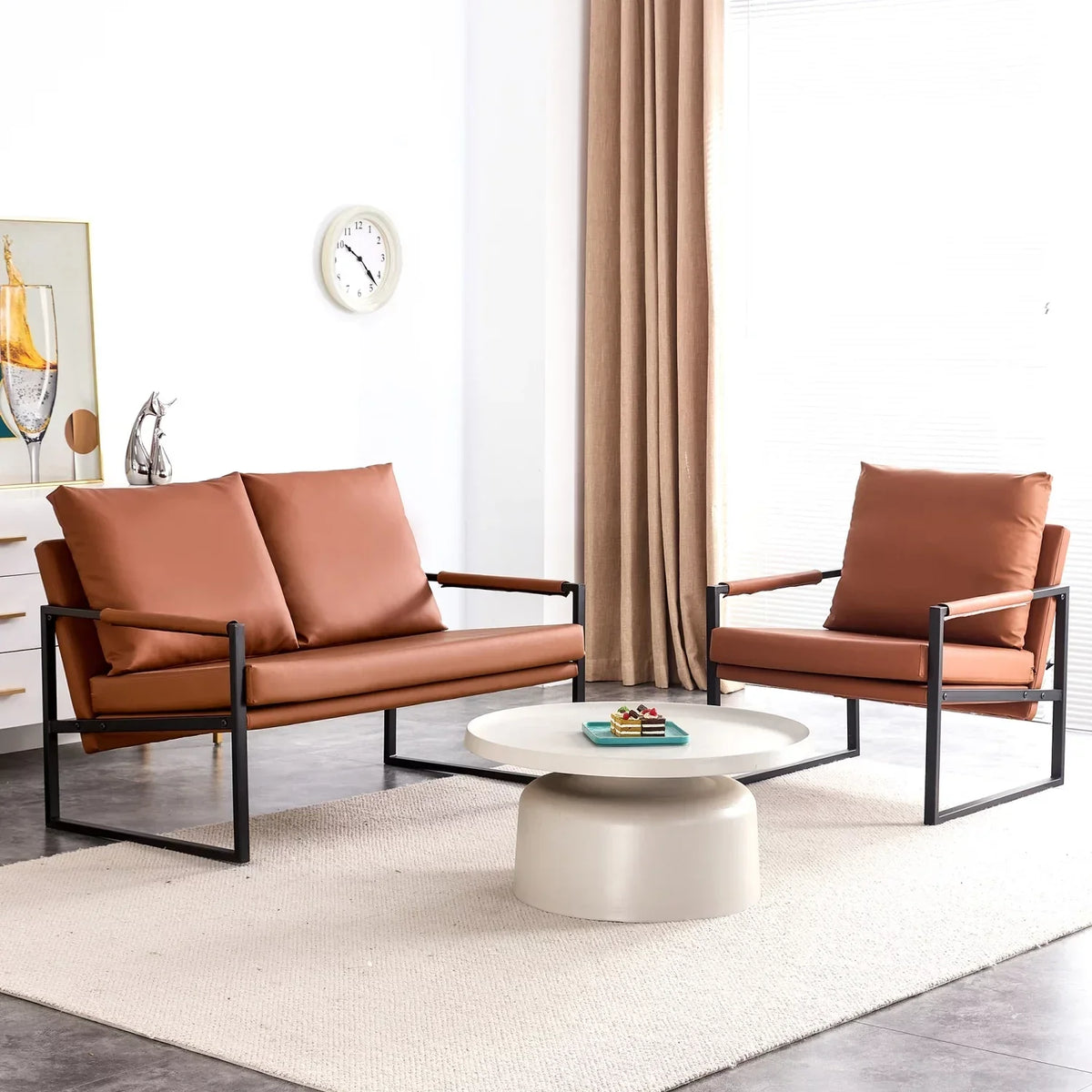 Modern Two-Seater Sofa Chair With 2 Pillows, PU Leather, Brown - SF-D008
