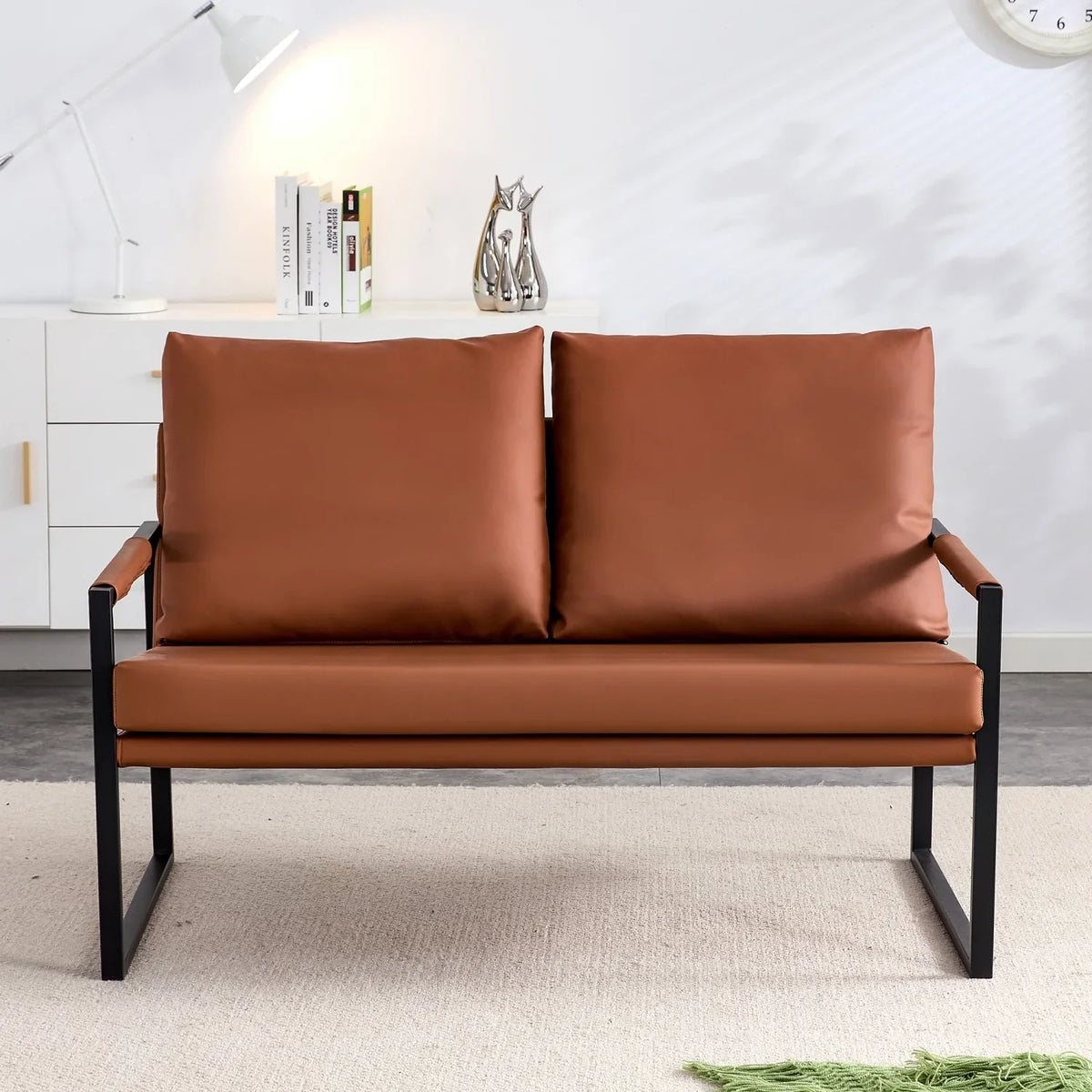 Modern Two-Seater Sofa Chair With 2 Pillows, PU Leather, Brown - SF-D008