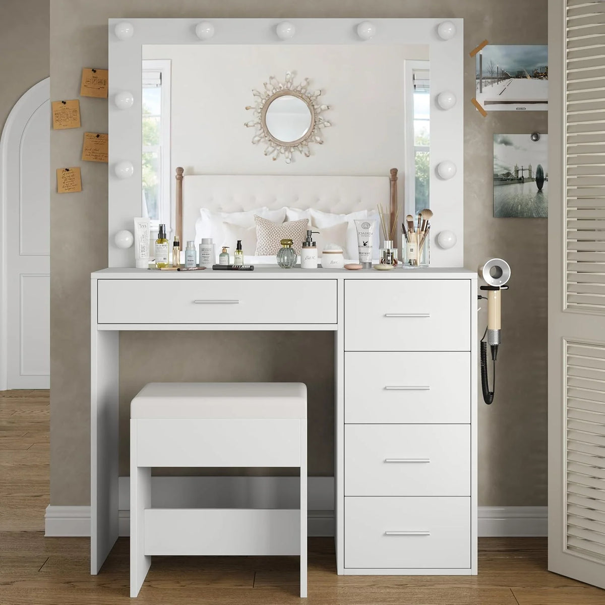 Makeup Vanity Desk With Lighting Mirror, Power Outlet, 37in W, 5 Drawers, Black