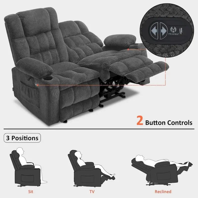 MCombo Power Reclining Loveseat With Heat, Vibration, Cupholders And USB Charge Ports - RS6314