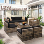 8-Piece Outdoor Wicker Rattan Sectional Patio Furniture Set With Cushions And Glass Top Storage Table - Black