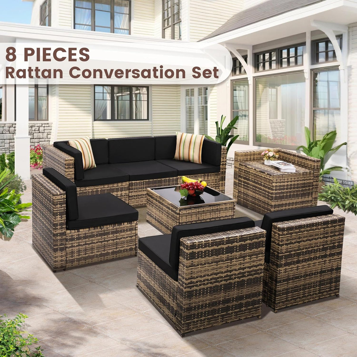 8-Piece Outdoor Wicker Rattan Sectional Patio Furniture Set With Cushions And Glass Top Storage Table - Black