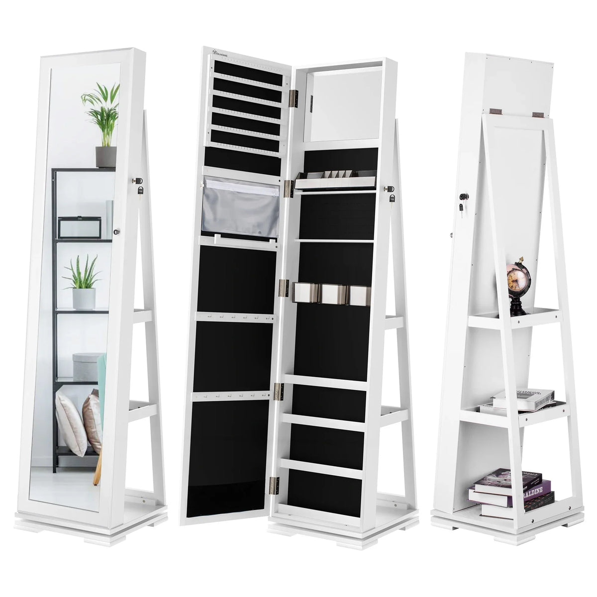 Dextrus Rotating Jewelry Armoire With Full Length Mirror, White