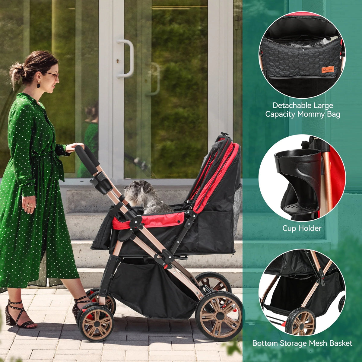 Dextrus 4-Wheel Foldable Pet Stroller With 7-inch Front And 10-inch Rear Wheels, 48.5 lbs Capacity