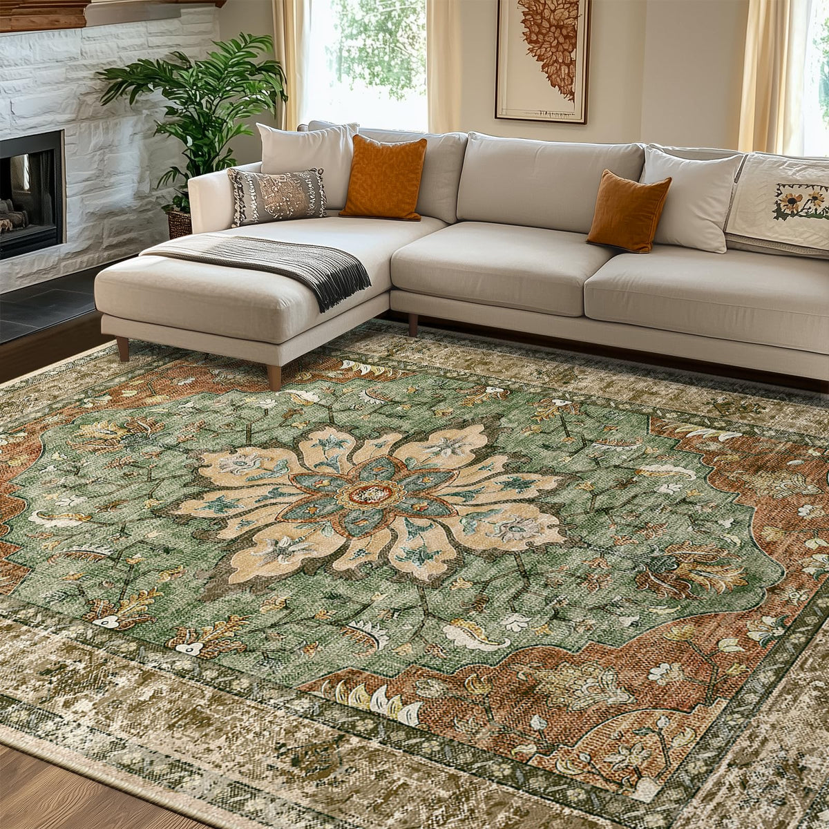 8x10 Washable Floral Medallion Area Rug With Non-Slip Backing