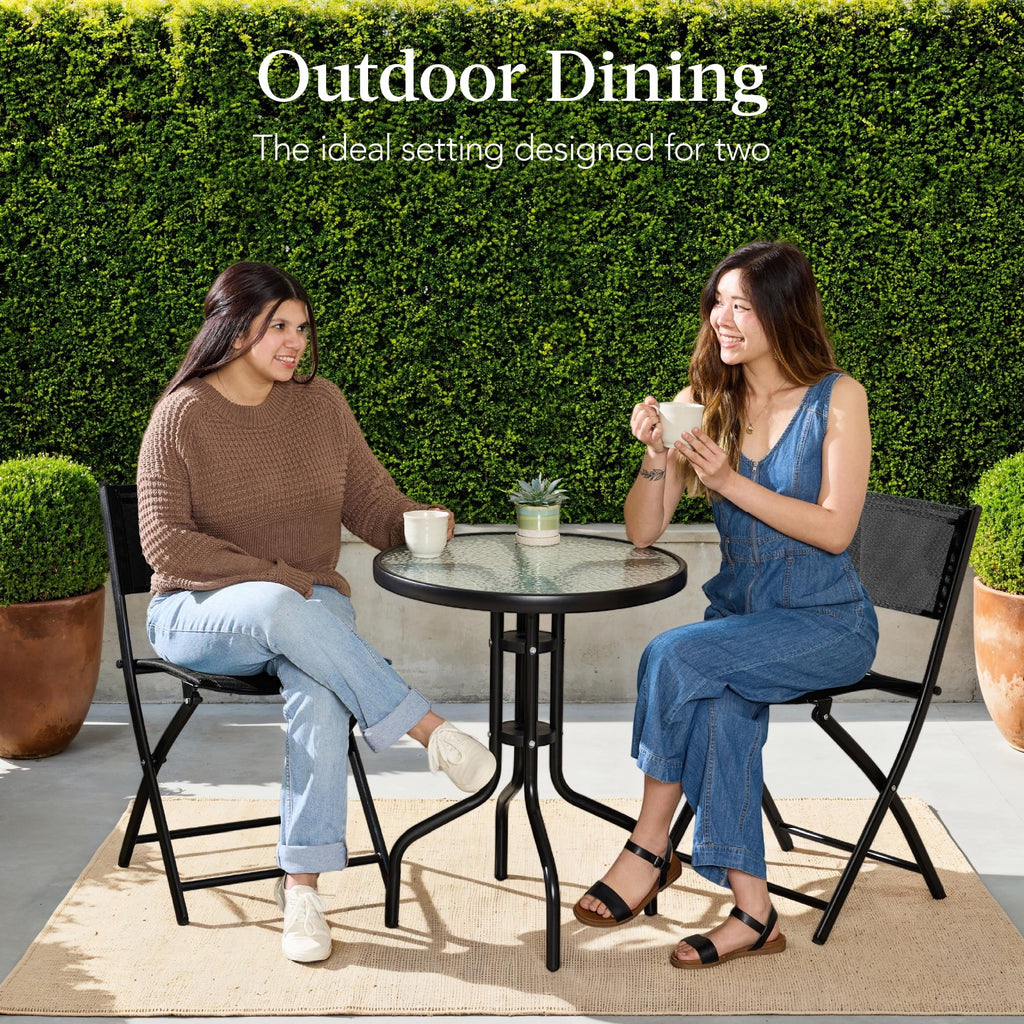 Best Choice Products 3-Piece Patio Bistro Dining Set With Glass Tabletop And Folding Chairs - Gray