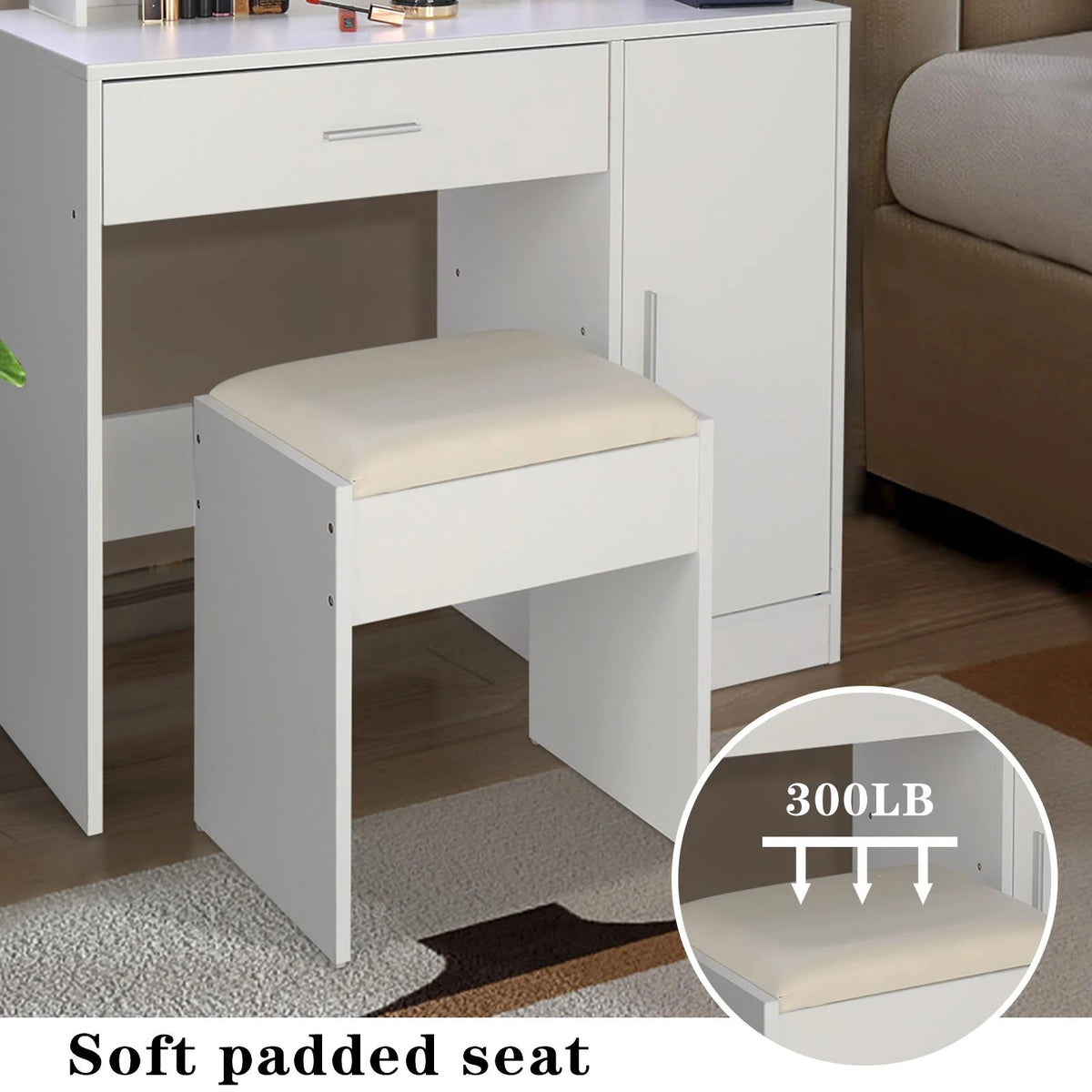 Ktaxon Vanity Makeup Table With Stool, 3-Color Lighted Mirror, 3 Shelves, Drawers, White - 35.43 x 15.55 x 29.53-53.27 in