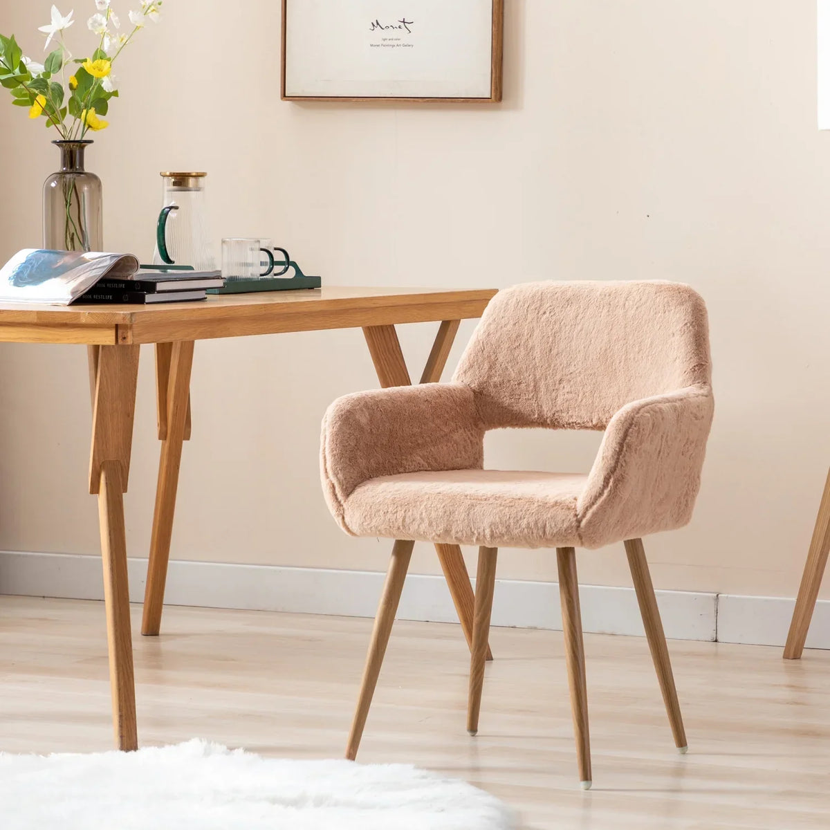 HengMing Faux Fur Mid Century Dining Side Chairs With Painted Steel Legs