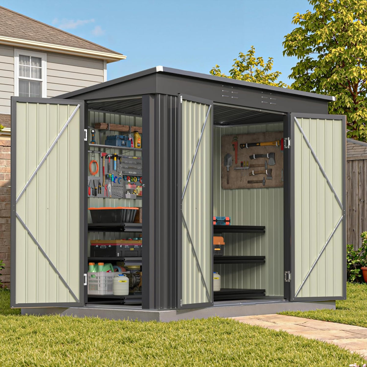 Patiowell Outdoor Metal Storage Shed, 8x4 FT, Black, 3 Lockable Doors