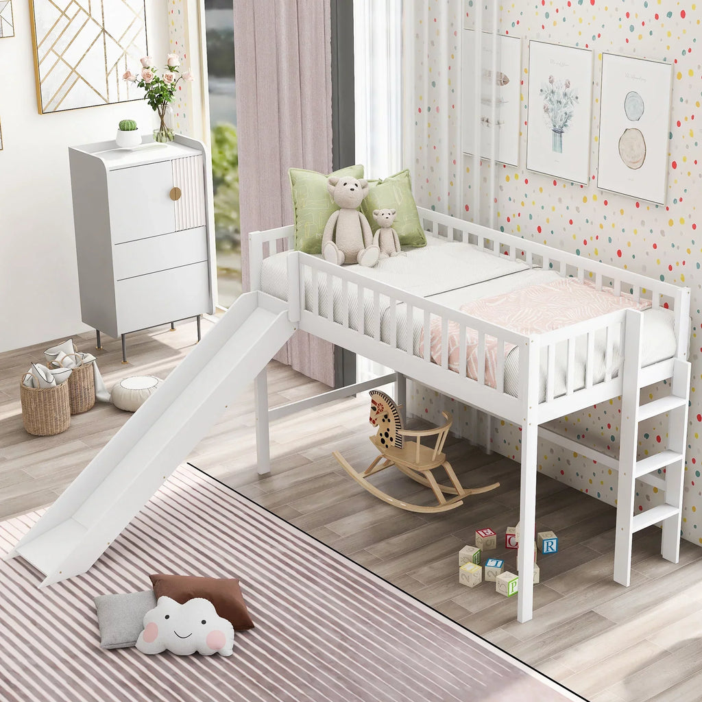 Twin Size Low Loft Bed With Slide And Ladder, White