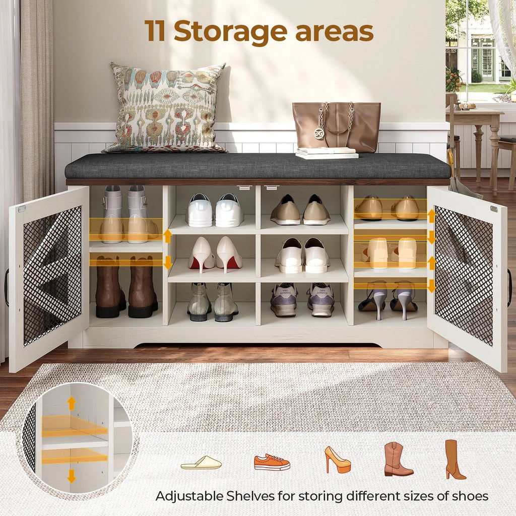 Farmhouse Shoe Storage Bench With Cushion, 31.4in, Metal Barn Door, Old White