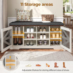 Farmhouse Shoe Storage Bench With Cushion, 31.4in, Metal Barn Door, Old White