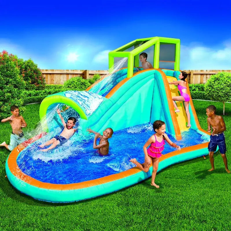 Banzai Inflatable Water Slide & Pool Combo, 14 Ft L x 8 Ft H - Sprinkler Wave And Water Wall