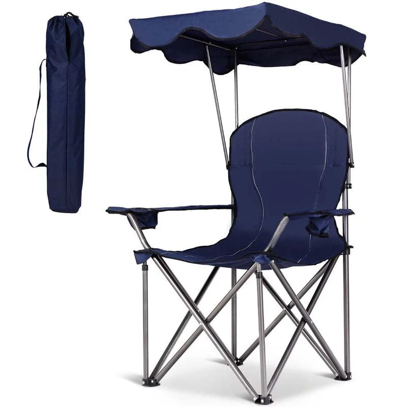 Outdoor Canopy Folding Beach Chair With 2 Cup Holders, 600D PVC Fabric - 38in x 26.5in x 51in