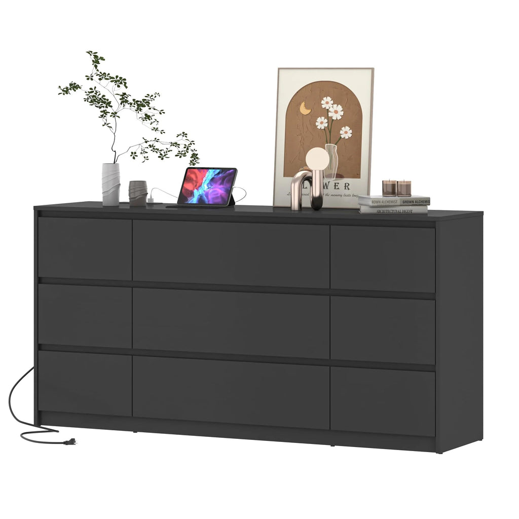 ChVans 9-Drawer Dresser With Charging Station, Black, 63in x 15.7in x 31.5in