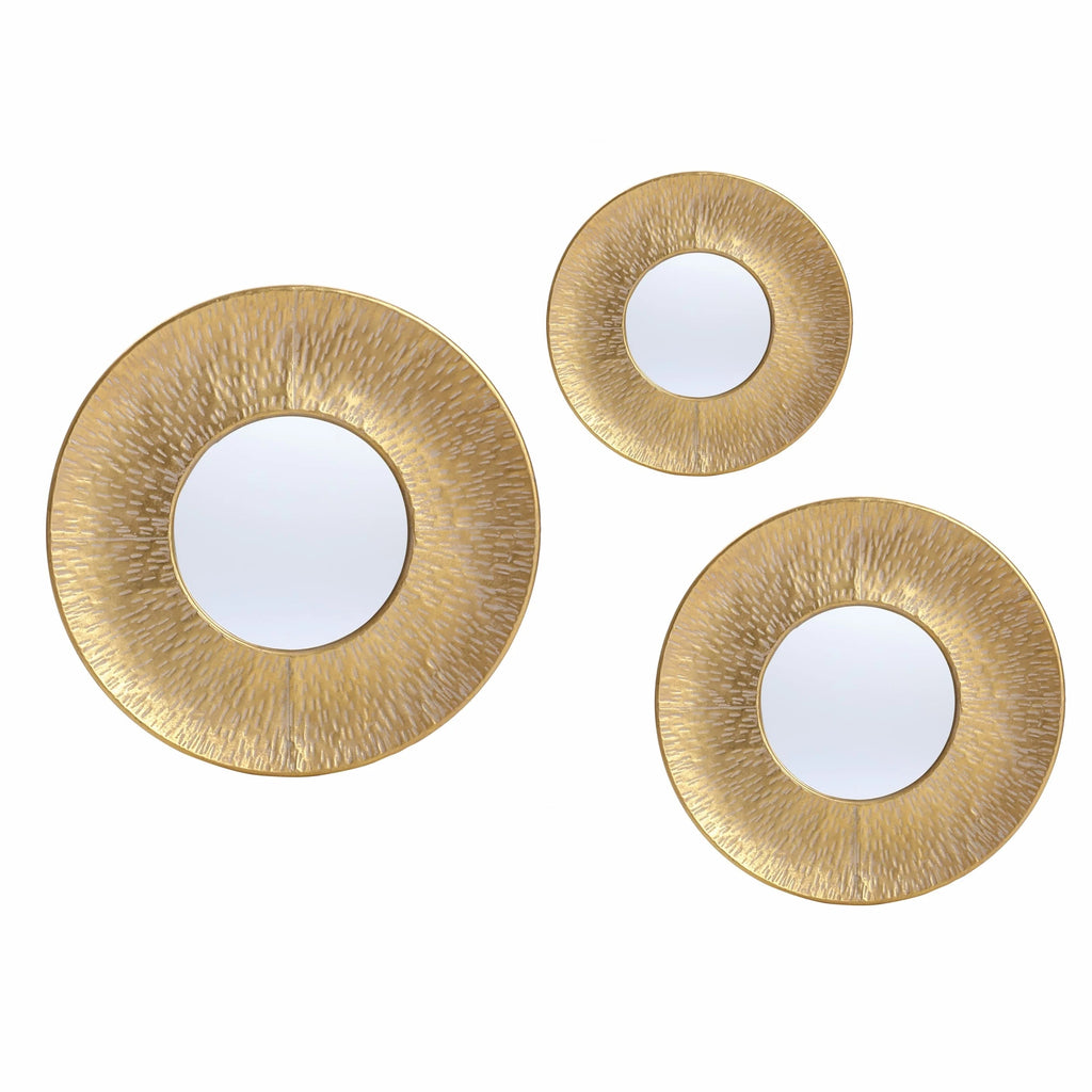3-Piece Gold Metal Round Wall Mirror Set - 22.25" x 2.36", 19.7" x 2.25", 15.4" x 2.25"