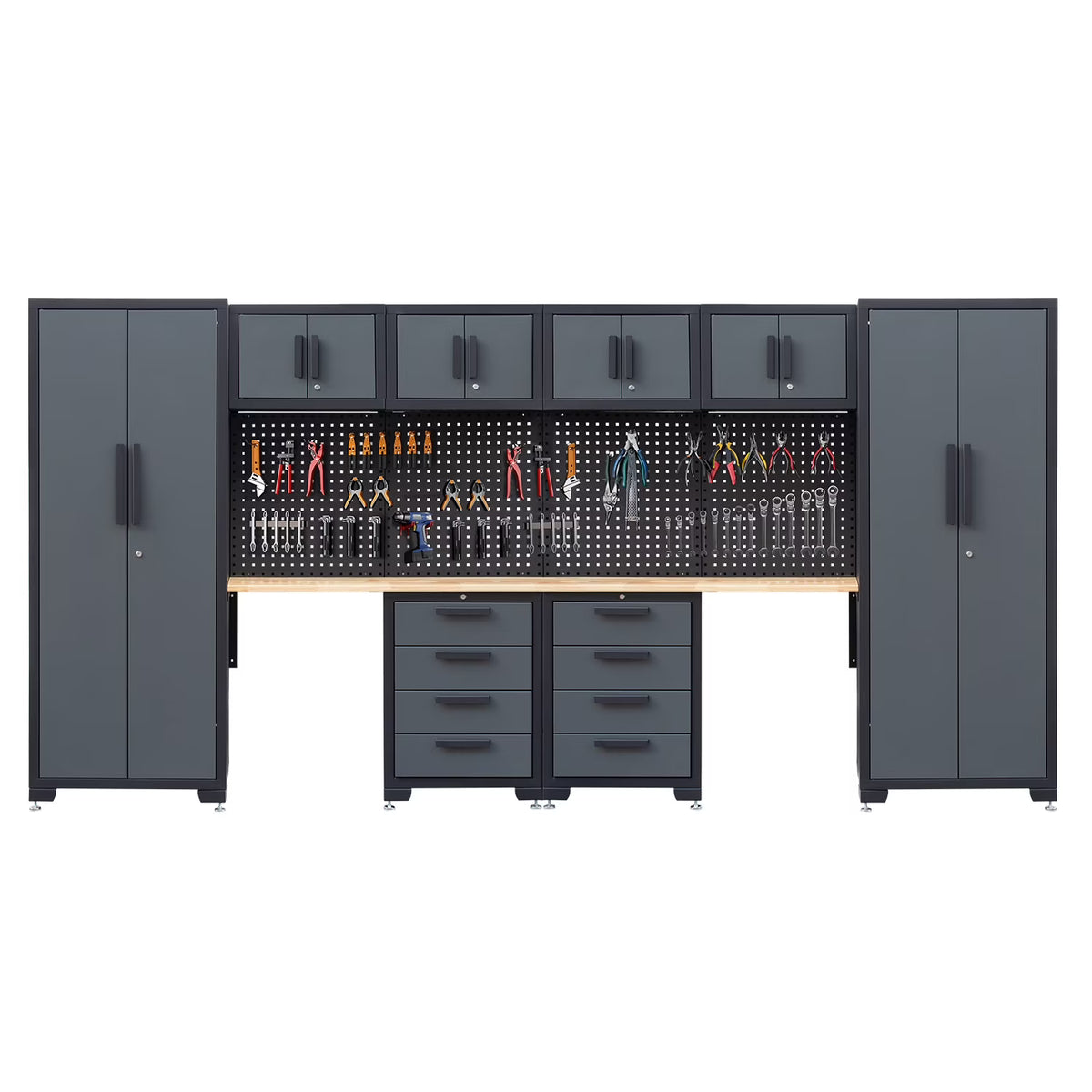 HPDMC 7-Piece Metal Garage Cabinet System With 4-Drawer Roller Cabinet, 47.2 in Workbench And Pegboards