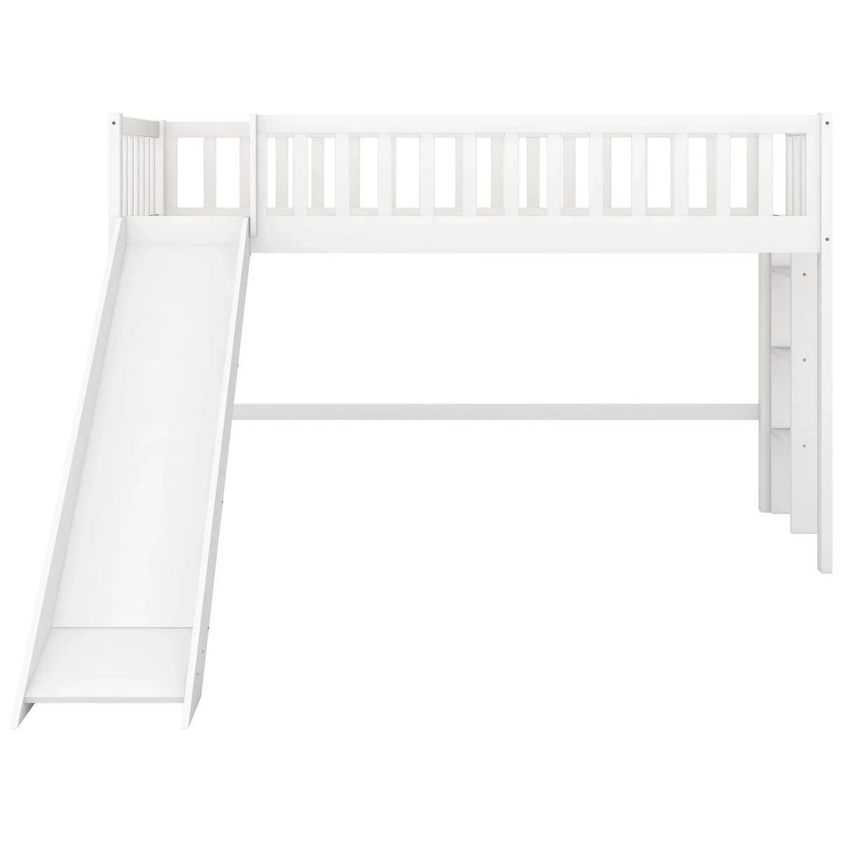 Twin Size Low Loft Bed With Slide And Ladder, White