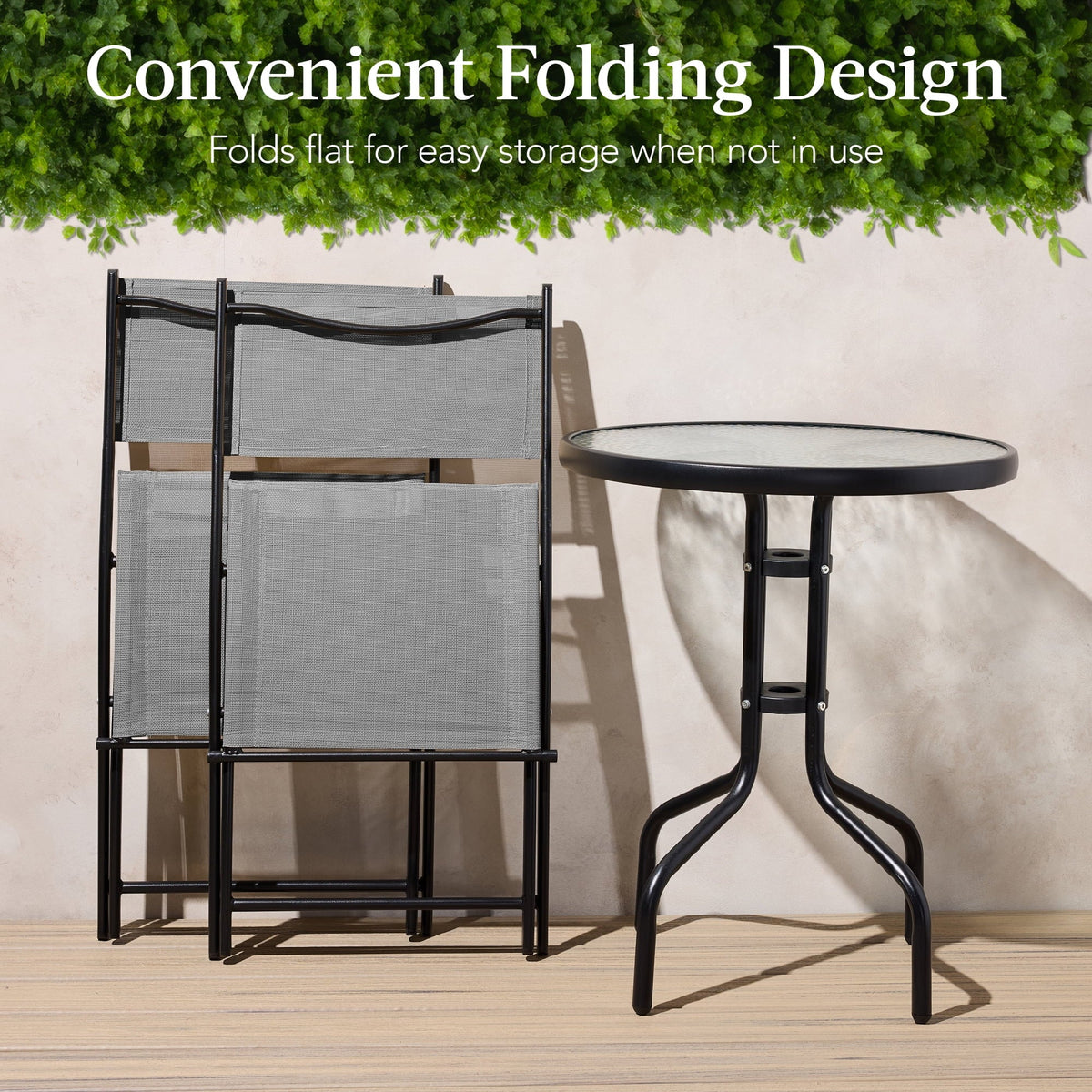 Best Choice Products 3-Piece Patio Bistro Dining Set With Glass Tabletop And Folding Chairs - Gray
