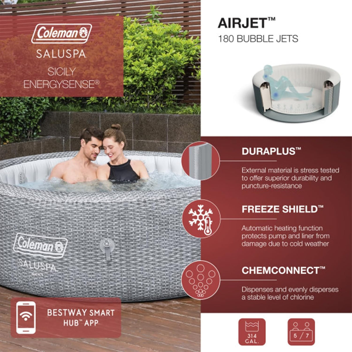 Coleman Inflatable Hot Tub For 5 To 7 People With 180 AirJets, 85 x 85 x 28 Inches, Grey - Sicily AirJet