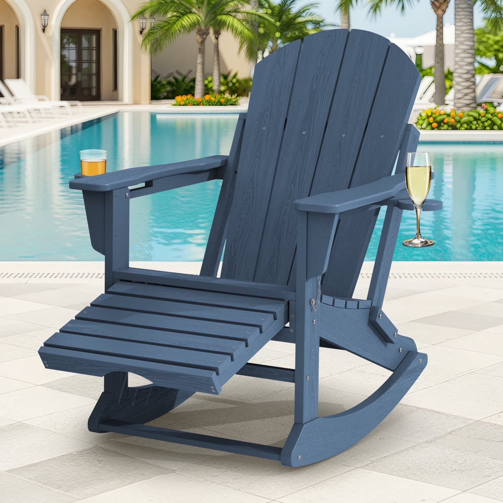 KINGYES Folding Adirondack Rocker Chair Set Of 2 With Footrest And Dual Cup Holders - Black