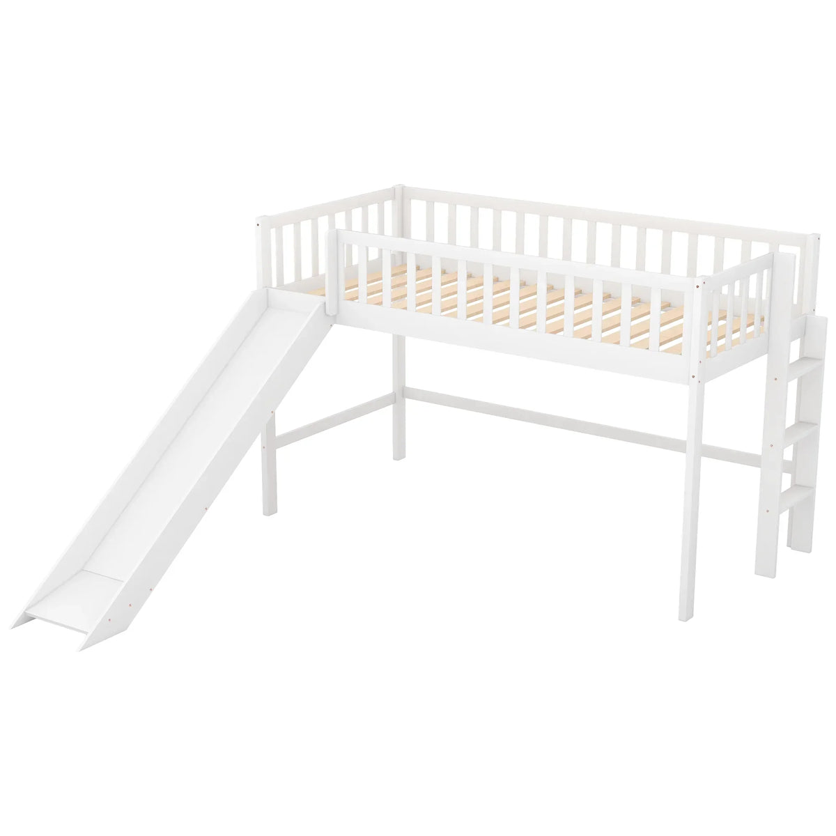 Twin Size Low Loft Bed With Slide And Ladder, White