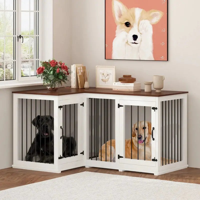 L-Shaped Corner Dog Crate Furniture For 2 Dogs, 58.7 x 41.1