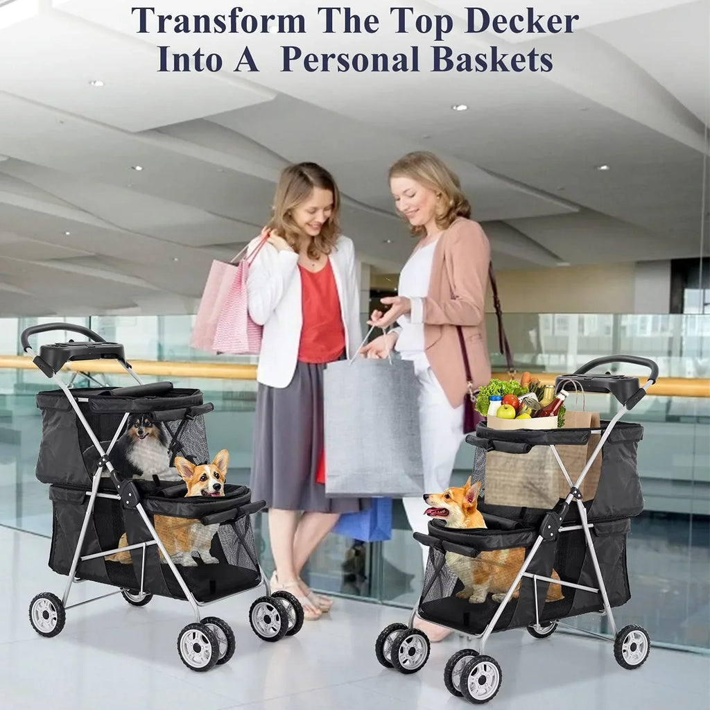 4-Wheel Foldable Pet Stroller With 2 Cages