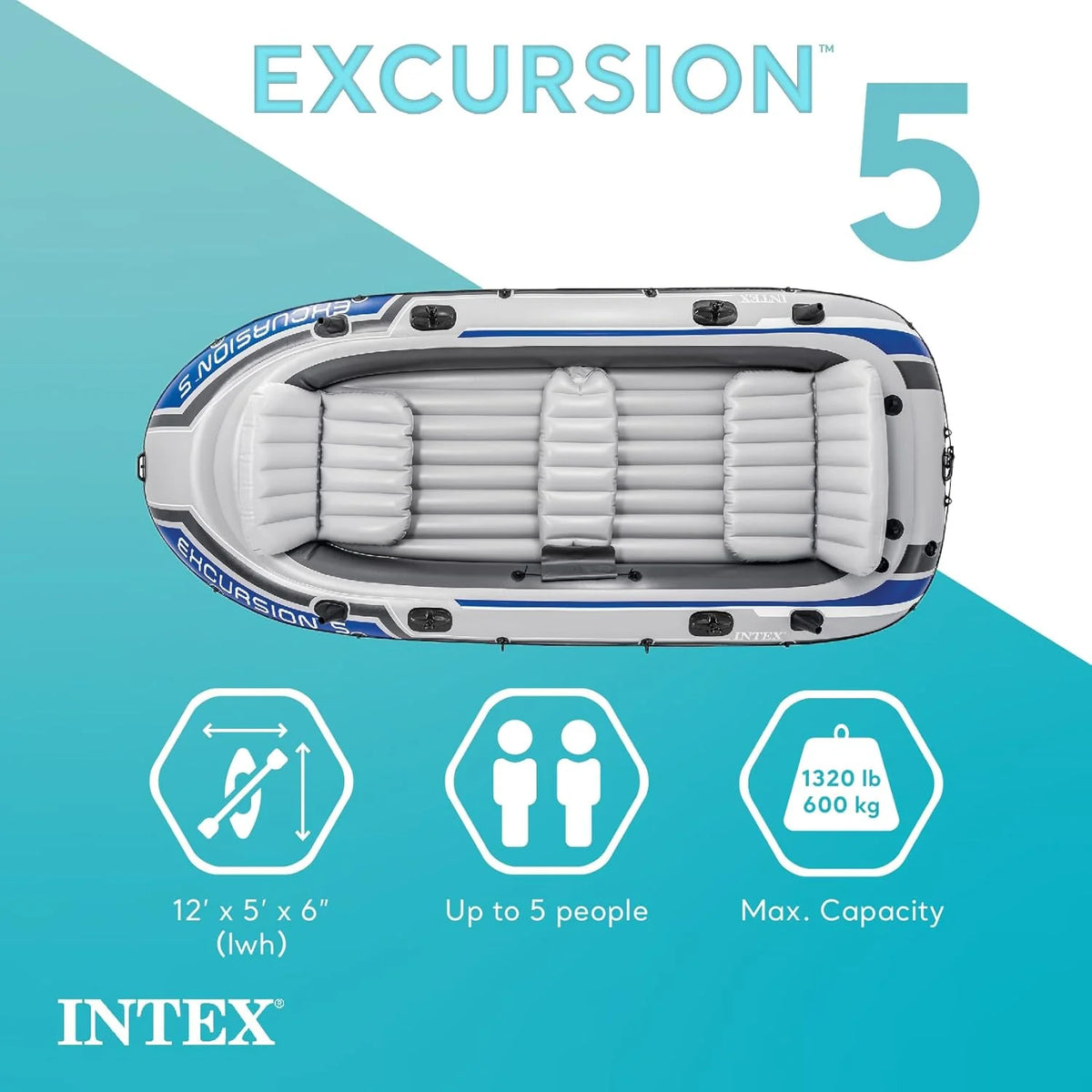 Intex Excursion 5 Inflatable Boat, 5 Person, 12ft x 5ft 6in x 1ft 5in, 54in Oars - Excursion 5