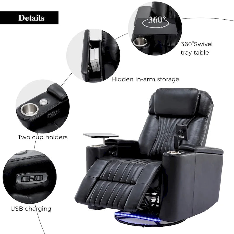 Power Home Theater Recliner Chair, 34.6 D x 38.2 W x 41.4 H, 110-160 Recline, 270 Swivel