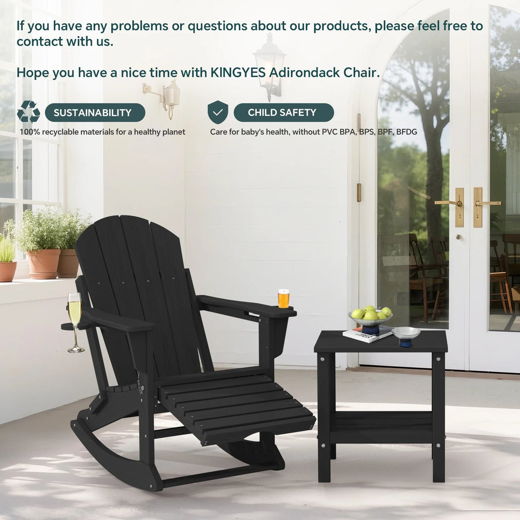 KINGYES Folding Adirondack Rocker Chair Set Of 2 With Footrest And Dual Cup Holders - Black