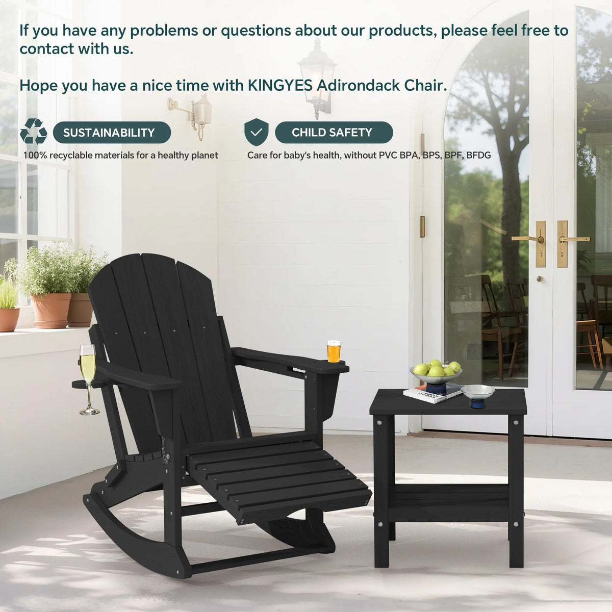 KINGYES Folding Adirondack Rocker Chair Set Of 2 With Footrest And Dual Cup Holders - Black