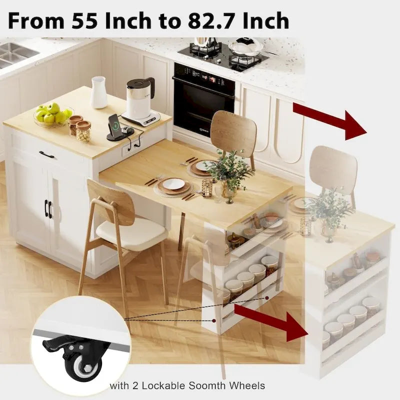 82.7 Wooden Kitchen Island With Extendable Dining Table And Double-Sized Storage