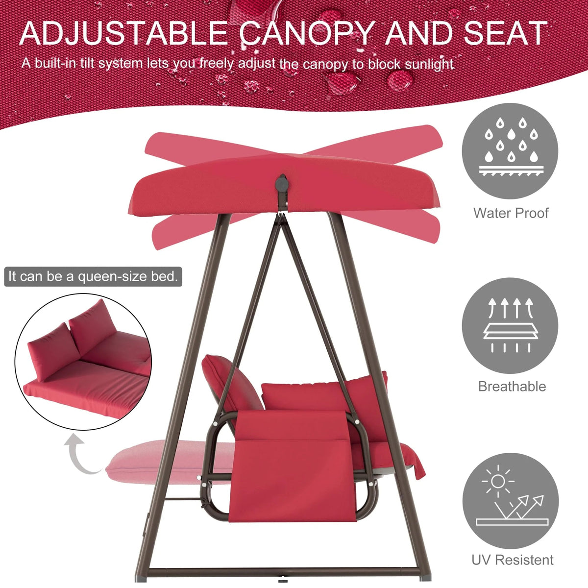 TQKVIPI 4 Person Outdoor Porch Swing Bed With Adjustable Backrest Canopy - 800 lbs Capacity