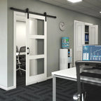 EightDoors 84 x 32 x 1-3/8 3-Lite Frosted Glass White Prefinished Solid Wood Core Interior Barn Door
