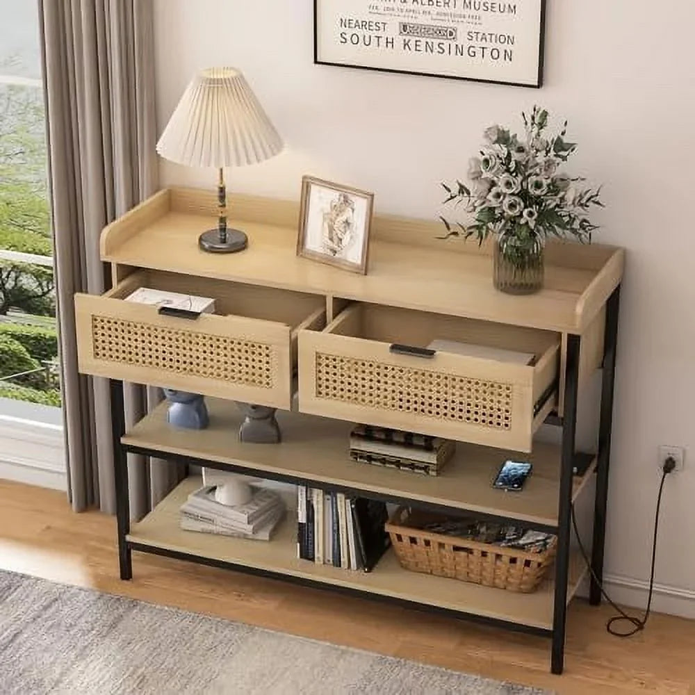 AYFDEGT Entryway Table With 2 Drawers, Outlets, USB Ports, Shelves & LED Lights - Black
