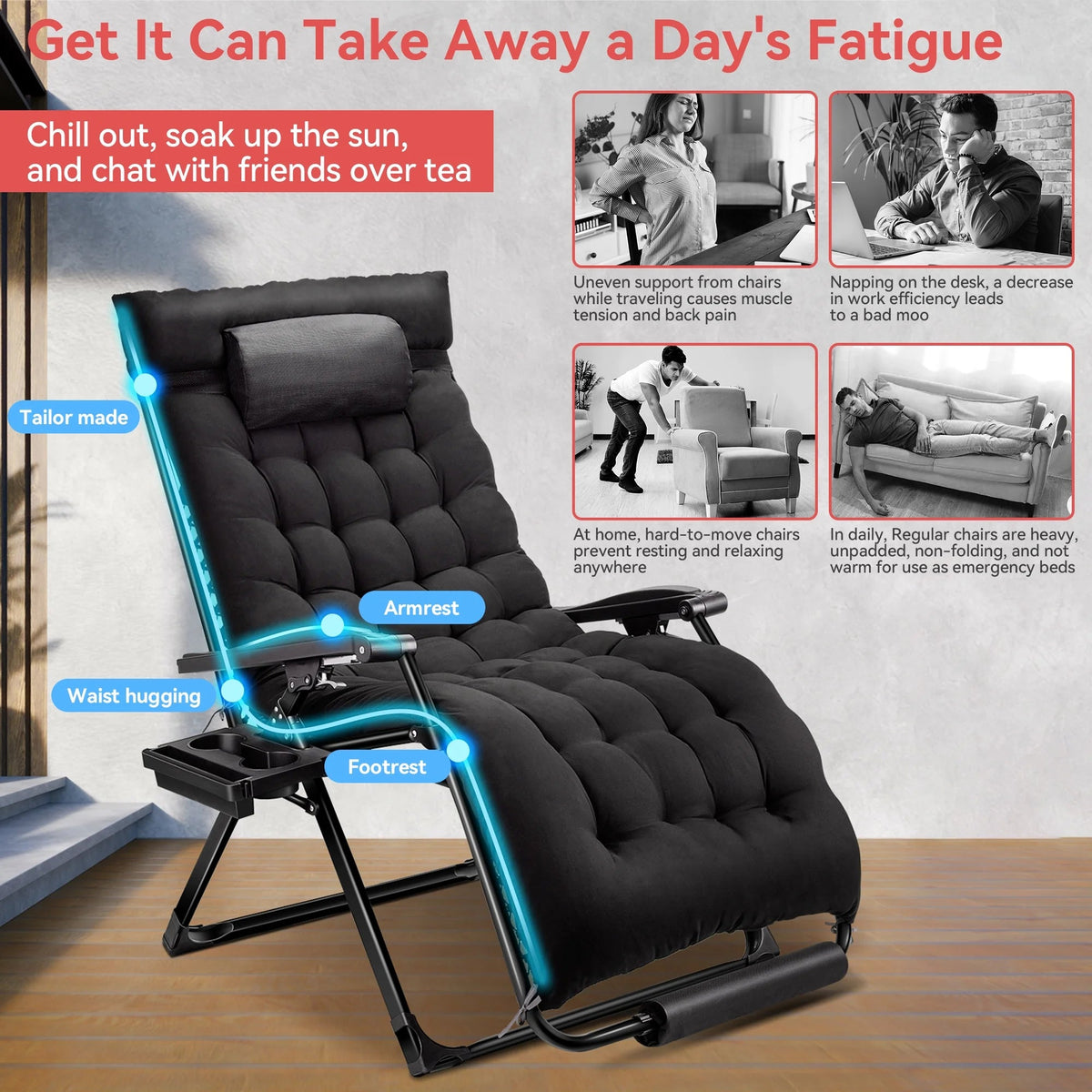 VECUKTY XXL Zero Gravity Chair, 500lb Capacity, 33-Inch Wide Padded Seat