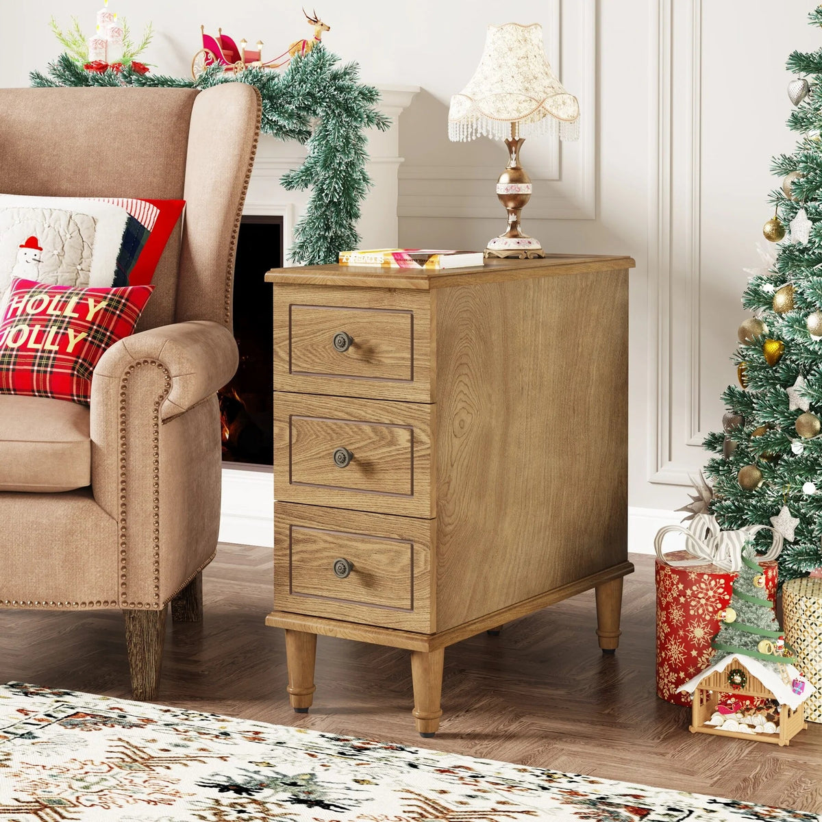 Solid Wood Narrow End Table With 3 Drawers - Fully Assembled