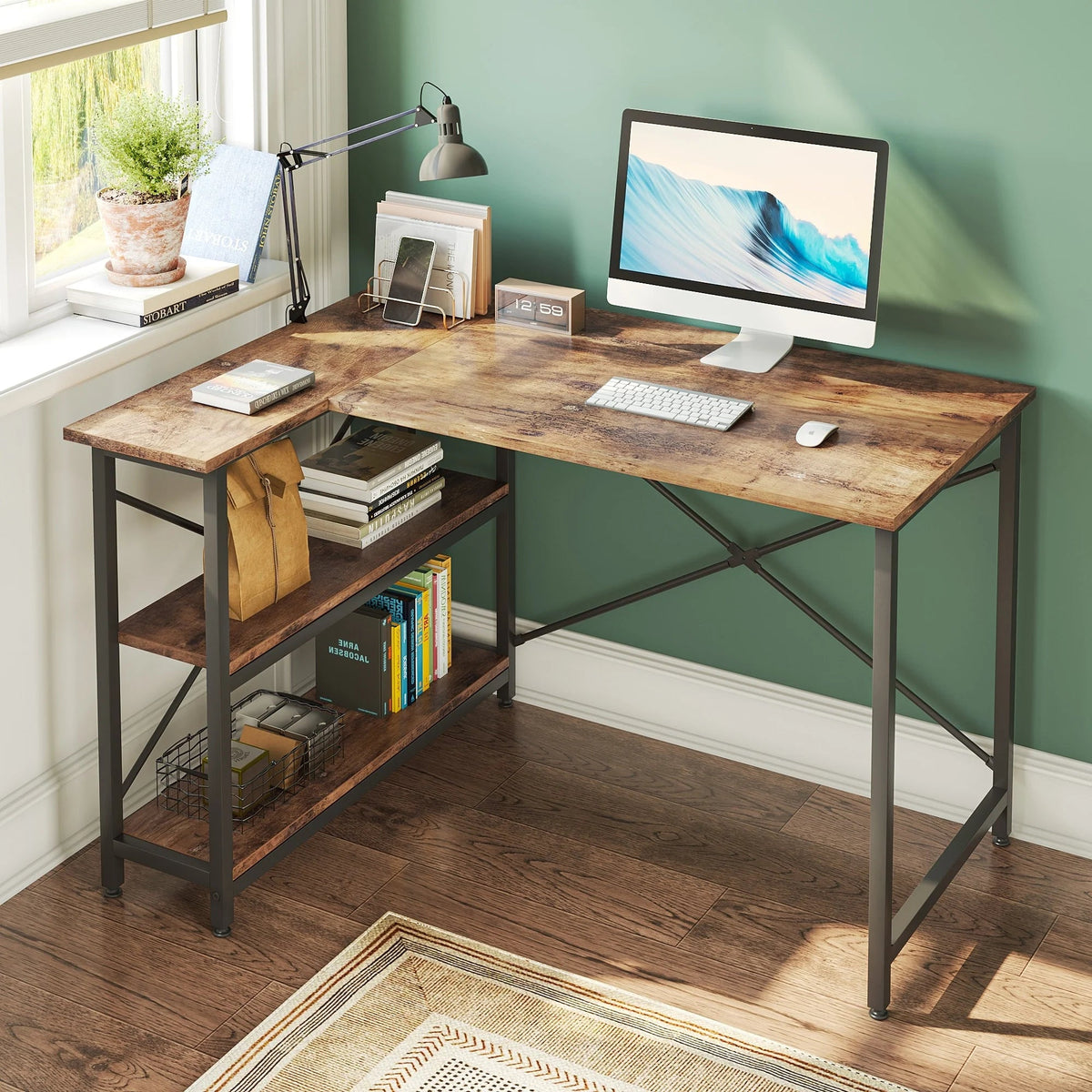 Small L-Shaped Computer Desk With Reversible Storage Shelves - 55-Inch / 47-Inch