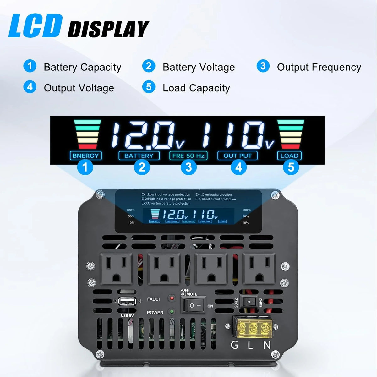 5000W Power Inverter 12V DC To 110V/120V AC With 4 AC Outlets And LCD Display