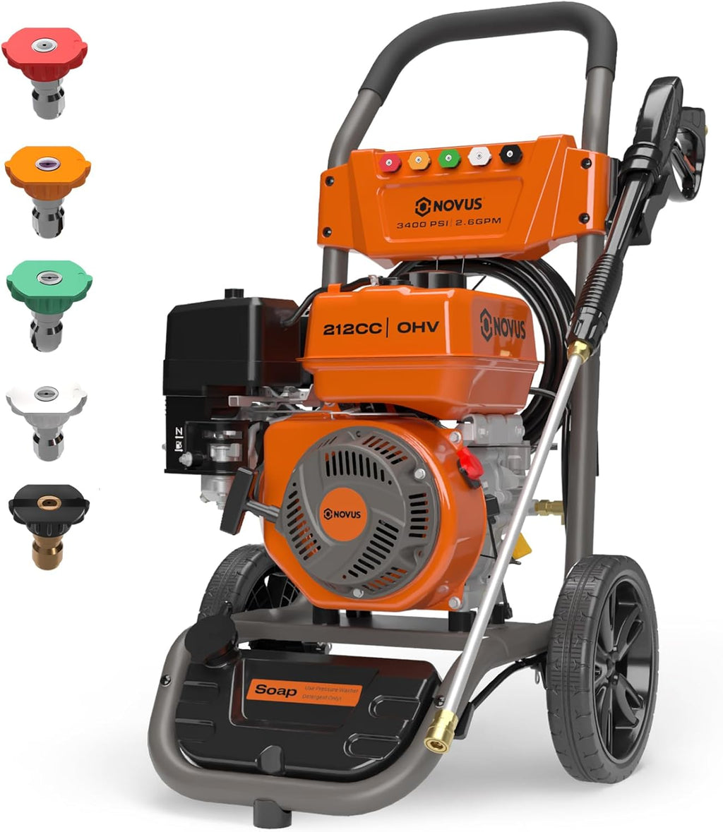 NOVUS Gas Pressure Washer 3400 PSI 2.6 GPM 212cc Engine 30ft Hose 5 Nozzles