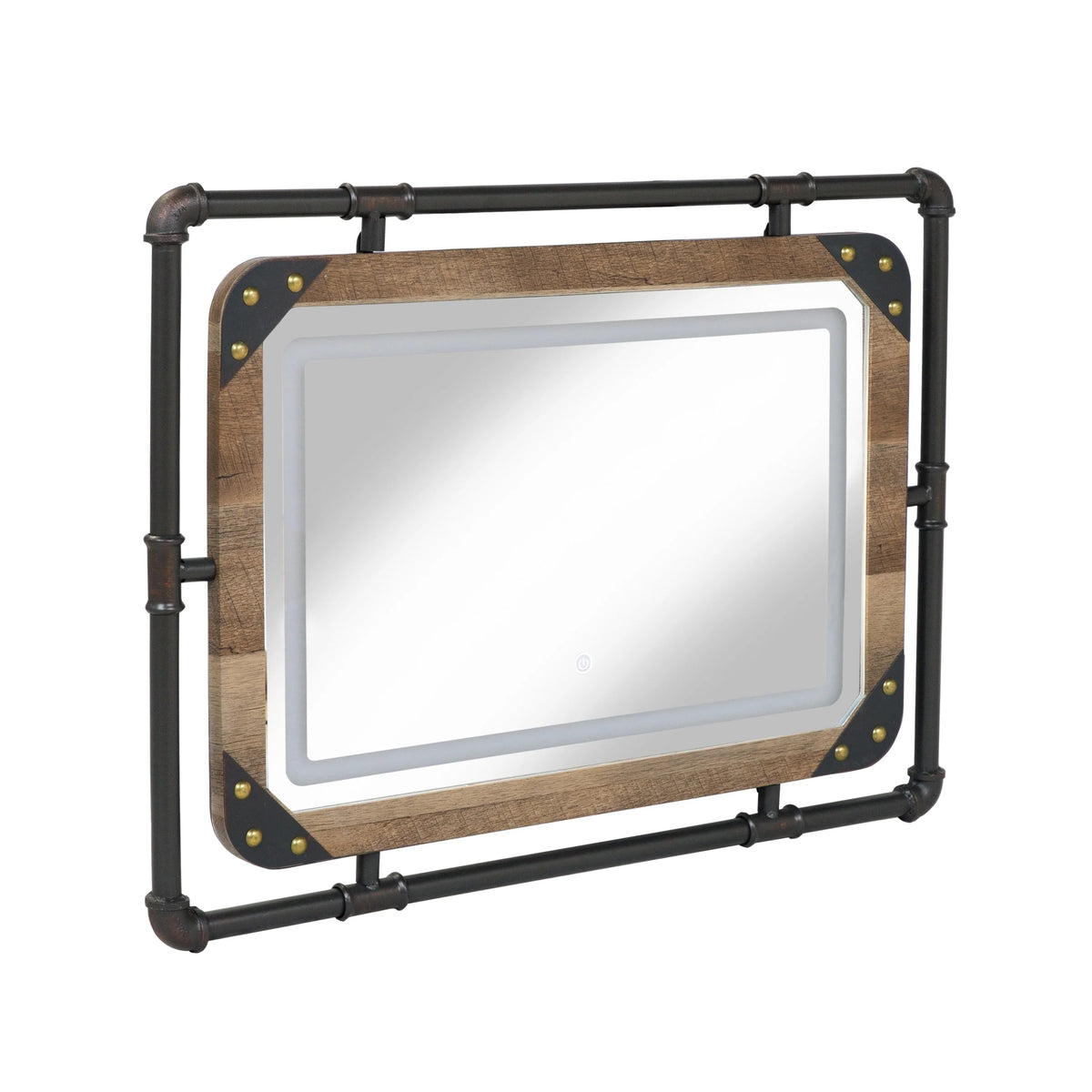Industrial Metal Wall Mirror With LED Lights, 23.63in H x 31.5in W x 1.5in D