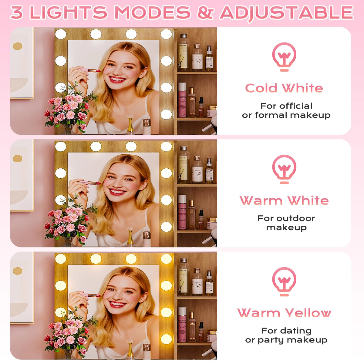 Ktaxon Vanity Makeup Table With Stool, 3-Color Lighted Mirror, 3 Shelves, Drawers, White - 35.43 x 15.55 x 29.53-53.27 in
