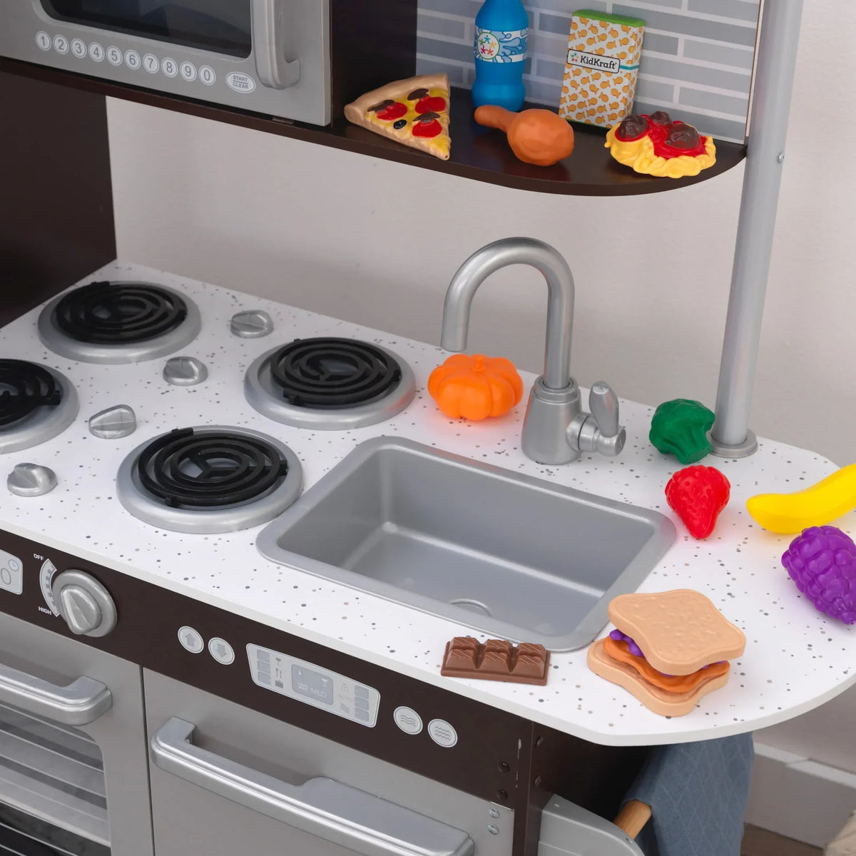 KidKraft Uptown Espresso Wooden Play Kitchen With 30-Piece Play Food Accessories