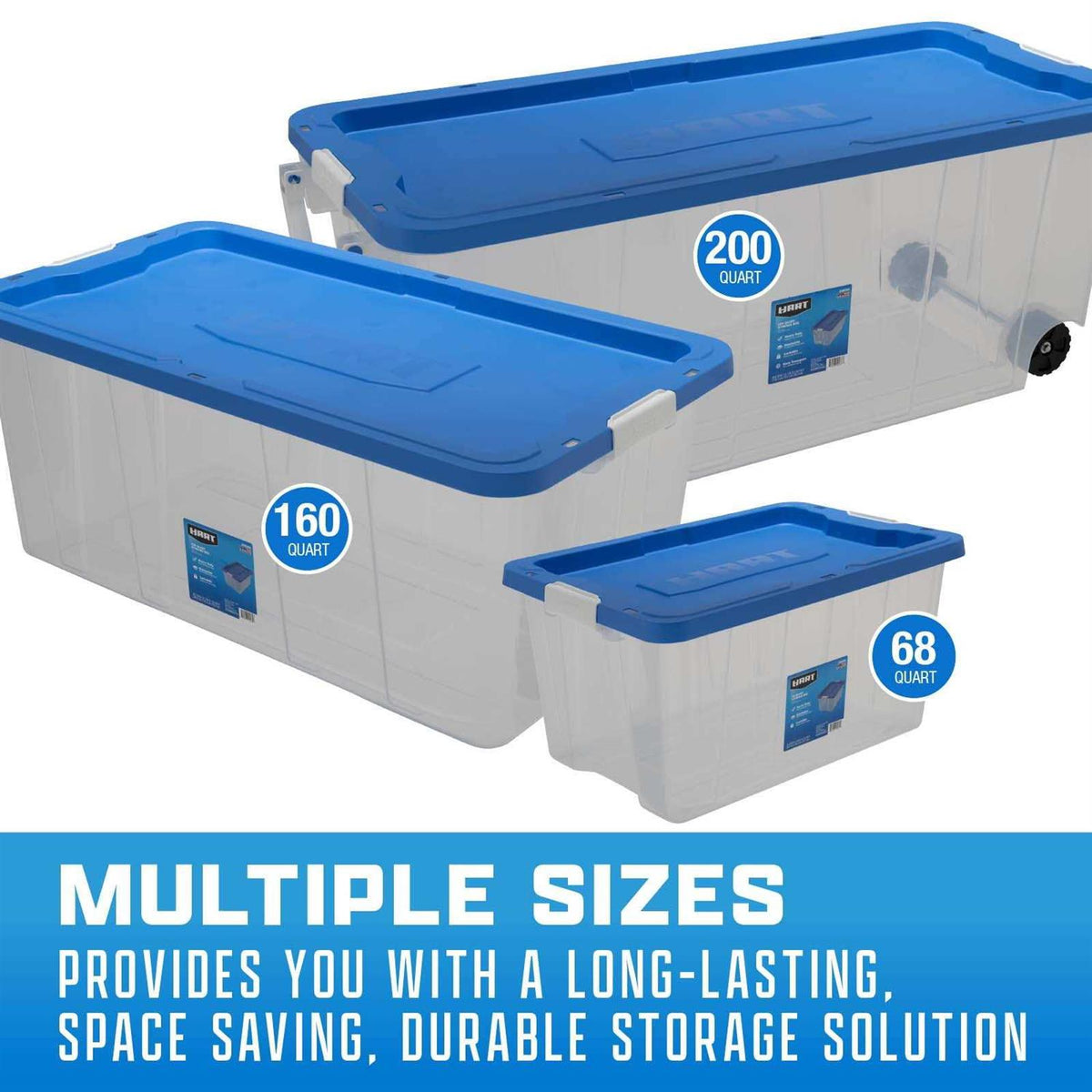 HART 200 Quart Latching Rolling Plastic Storage Bin Container With Pull Handle - Clear